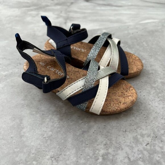 Carter's Toddler Girl's Size 6 Cork Wedge Navy Strappy Glitter Blue and White‎ - Picture 1 of 4